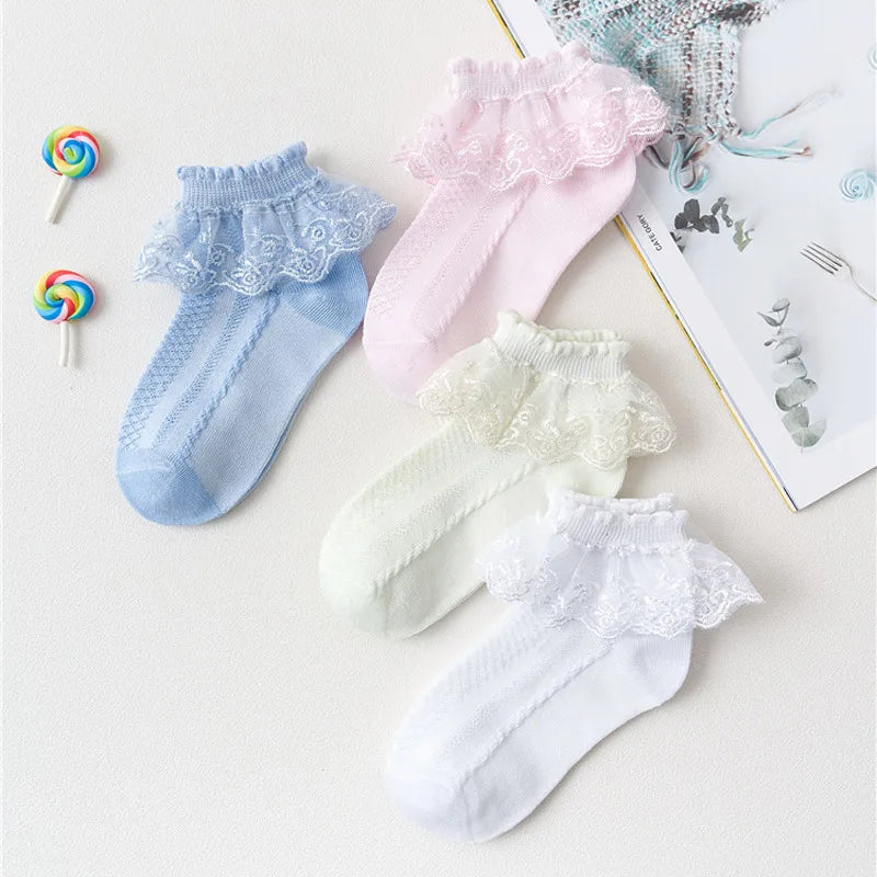 10-Pair Baby Girls’ Lace Ruffle Socks - Breathable Cotton Ankle Socks for Toddlers & Kids