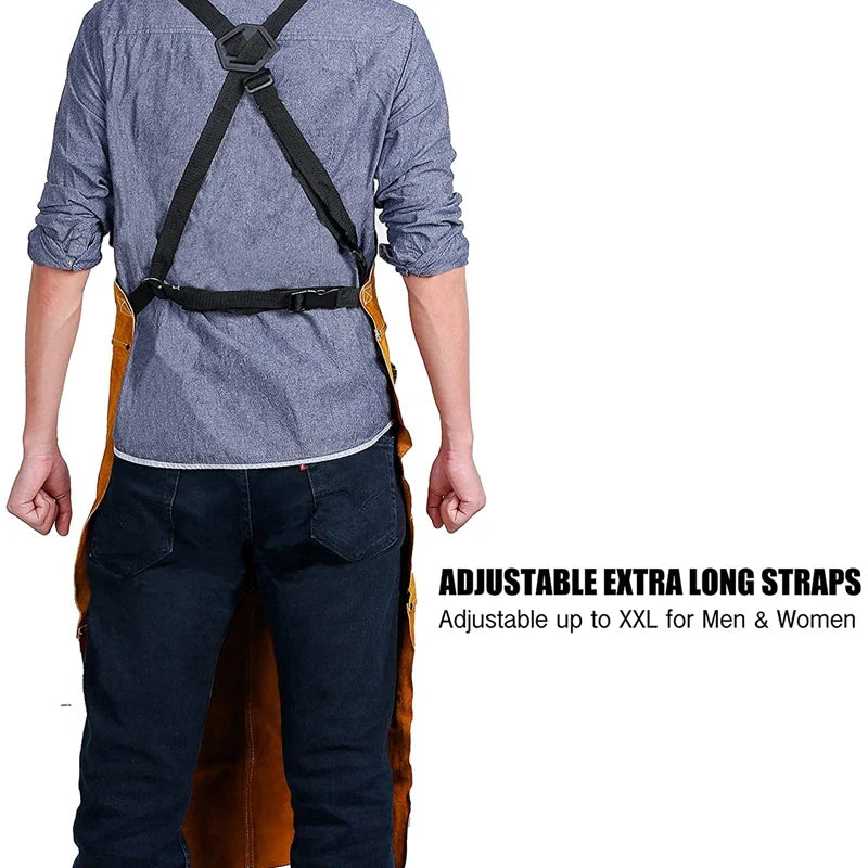 Heavy Duty Leather Welding Apron - Flame-Resistant Work Forge Apron with 6 Pockets - 42-Inch Large Size