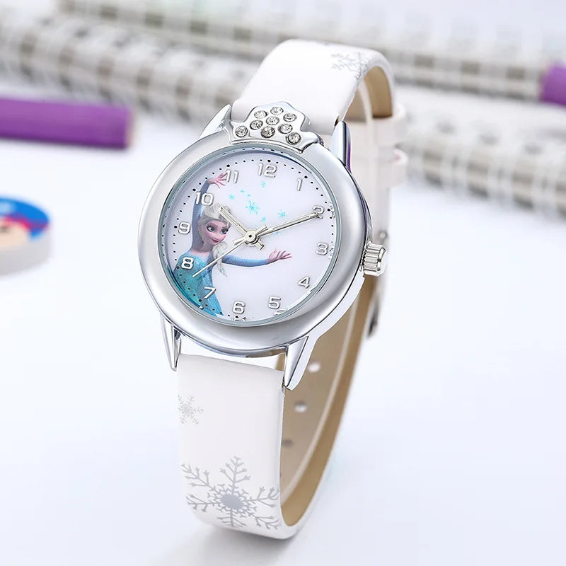 New Princess Elsa Girls Watch – Cute Frozen Cartoon Wristwatch with Leather Strap, Kids Gift Clock