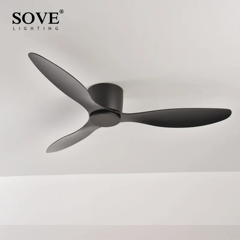 SOVE Modern Black & White Low Floor Ceiling Fan – 30W DC Motor with Remote Control, No Light, 220V