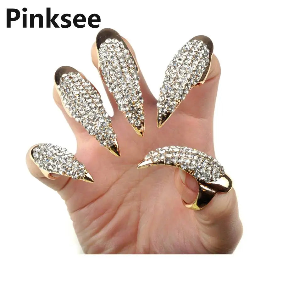 5PCS Crystal Nail Rings | Punk False Nail Jewelry with Rhinestones Claw/Talon Design, Unisex Wholesale Finger Rings