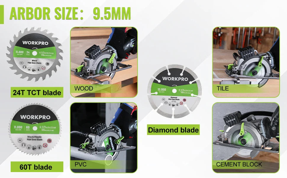 WORKPRO 20V Cordless Circular Saw with 115mm Blade – 710W Electric Power Tool for Wood & Tile Cutting (Laser & No Laser Options)