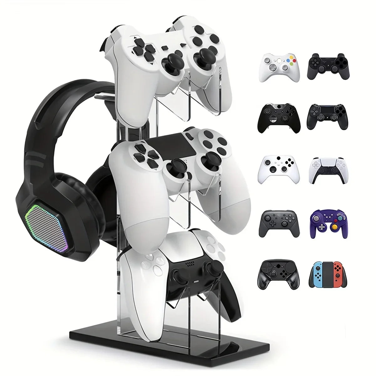 Universal 3-Tier Controller & Headphone Stand – PS5/PS4 Storage Holder in Black, White & Clear