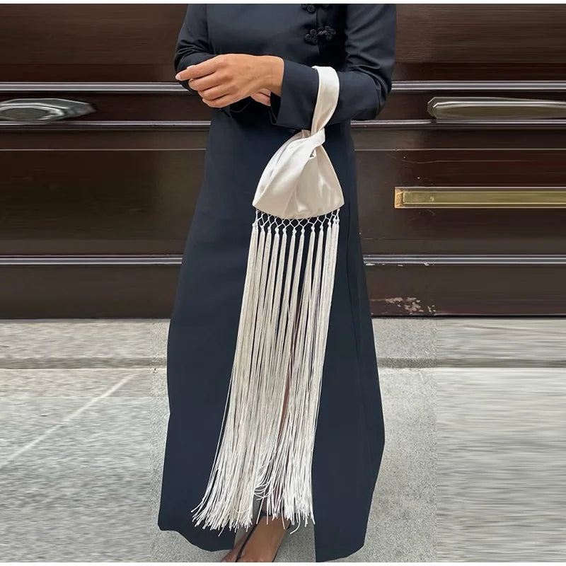 Chic Satin Tassel Patchwork Women’s Handbag – Small Fashion All-Match Shoulder Bag for Spring Summer 2026