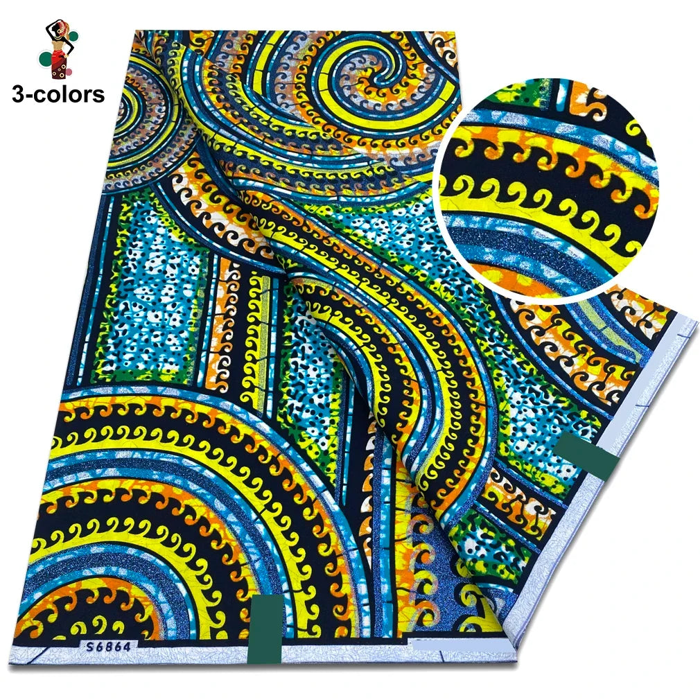 African Glitter Glam Wax Fabric - 100% Cotton Golden Ankara Print 6 Yards