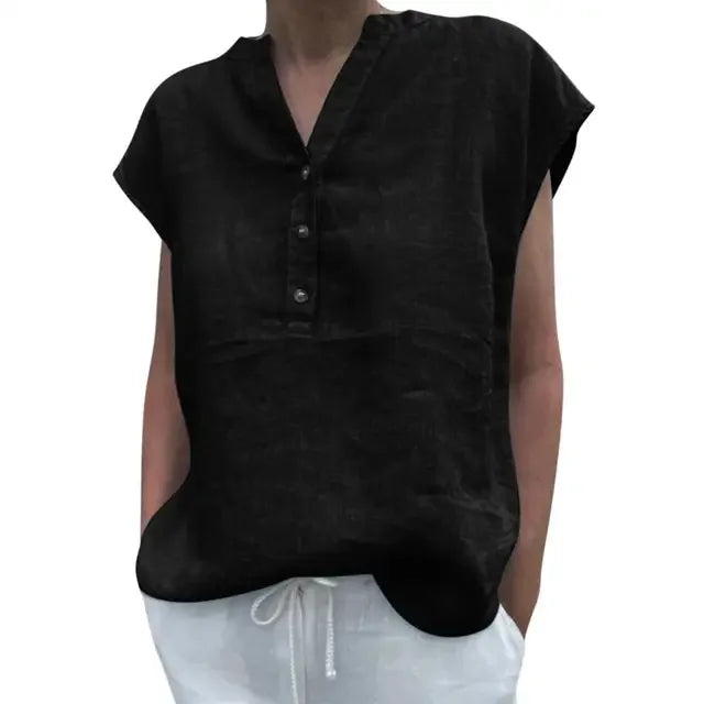 Women’s Cotton Linen V-Neck T-Shirt Blouse – Solid Color Short Sleeve Summer Quick-Dry Casual Top