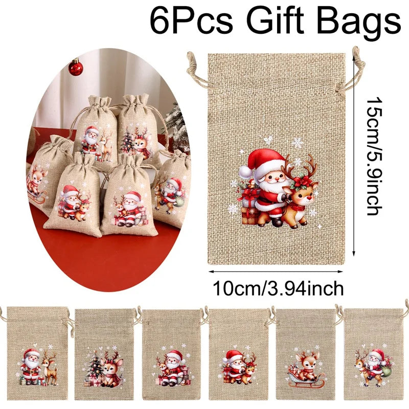 6pcs Christmas Linen Drawstring Gift Bags - Burlap Candy Biscuit Pouches for Holiday Decor & Xmas Gift Packaging