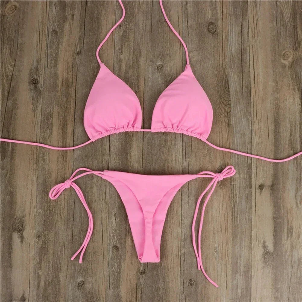 3-Piece Sexy Halter Bikini Set - Solid Color Thong Swimsuit for Beach & Swimwear
