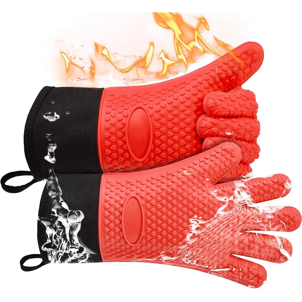 Heat-Resistant Silicone Gloves – Non-Slip Oven Mitts for Kitchen, BBQ, Baking & Cooking with Canvas Stitching