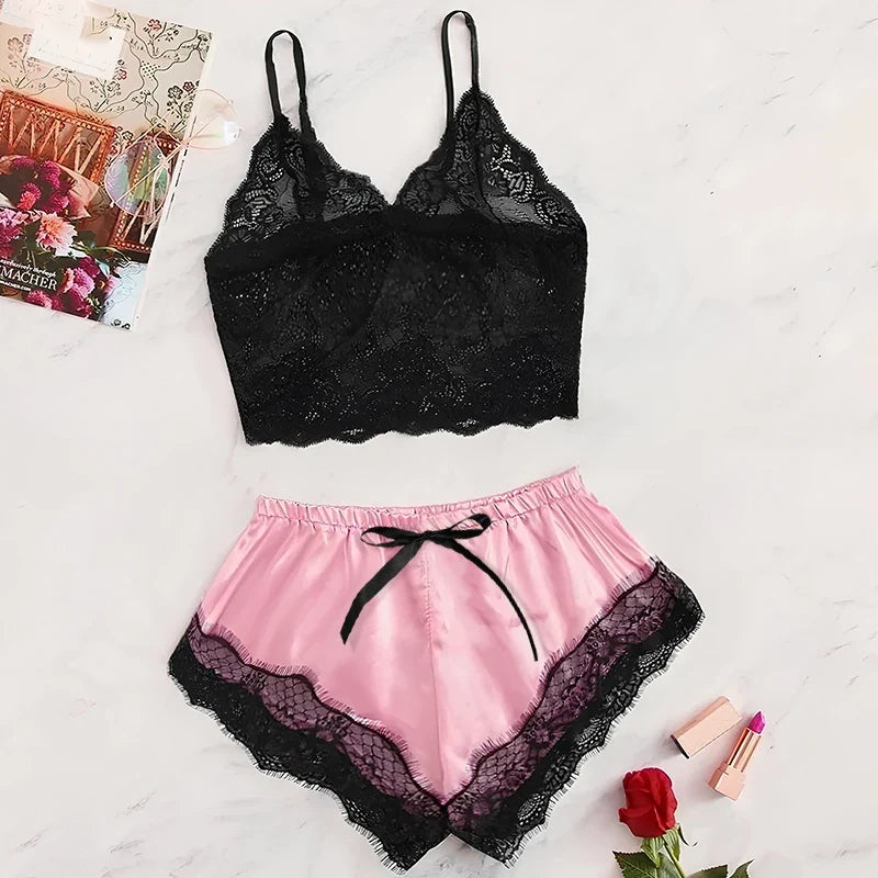 Women's Lace Pajama Set - Sexy See-Through Camisole & Shorts Sleepwear for Summer Comfort