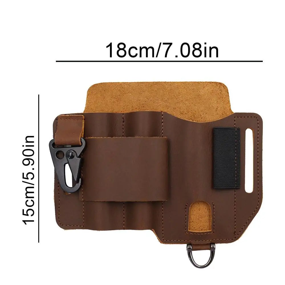 Men’s Leather EDC Belt Sheath Organizer – Pocket Multitool Pouch with Pen & Flashlight Holder