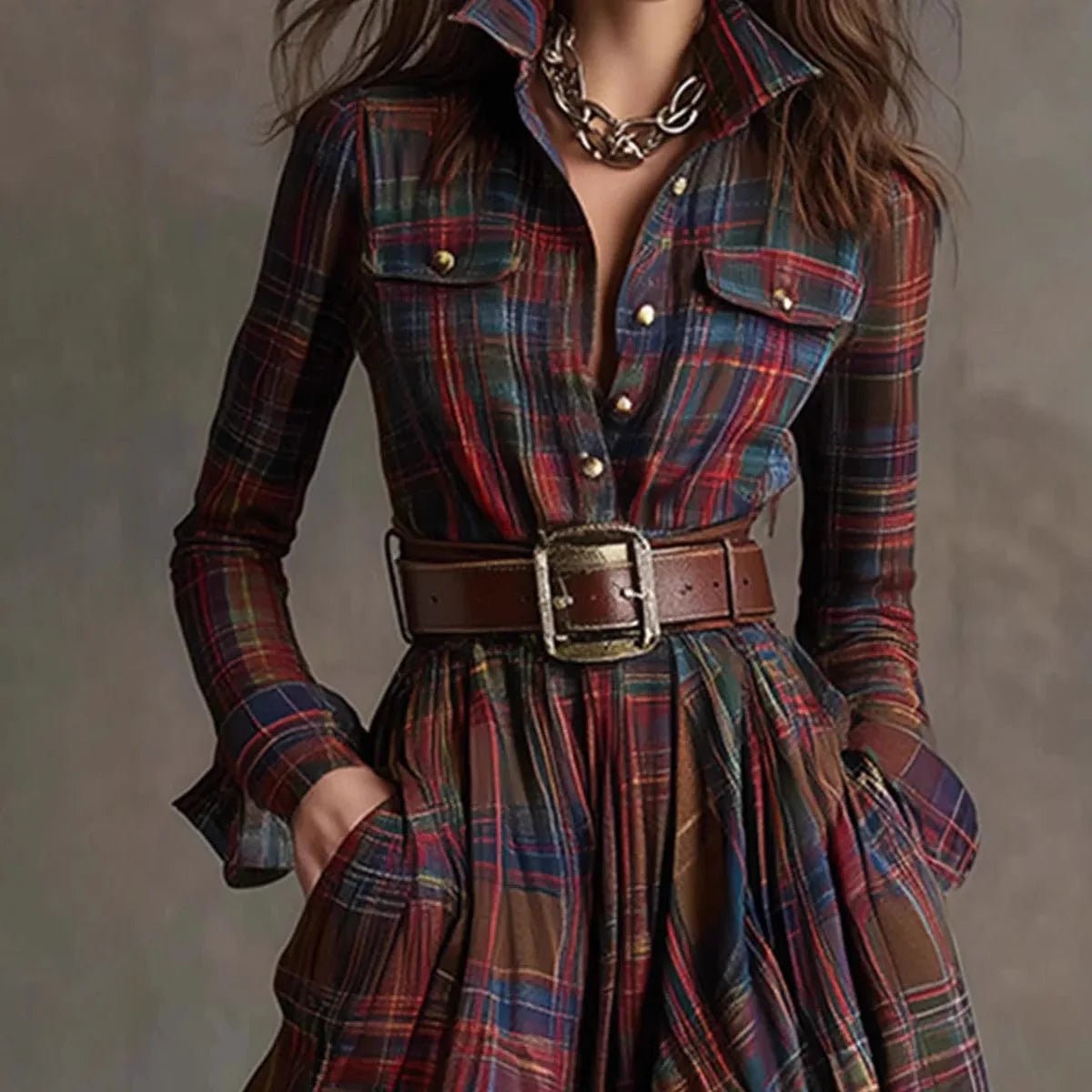 Women’s Plaid Maxi Shirt Dress – Autumn Casual Long Sleeve Button Pocket Lapel Retro Dress