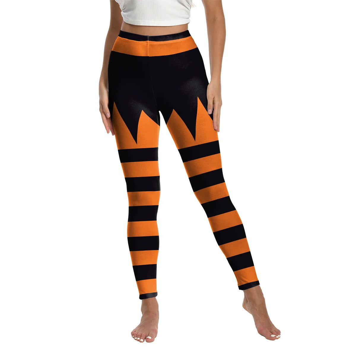 Women’s Halloween Leggings - Spooky Pumpkin Stripe Graphic Stretch Pants for Parties & Workouts