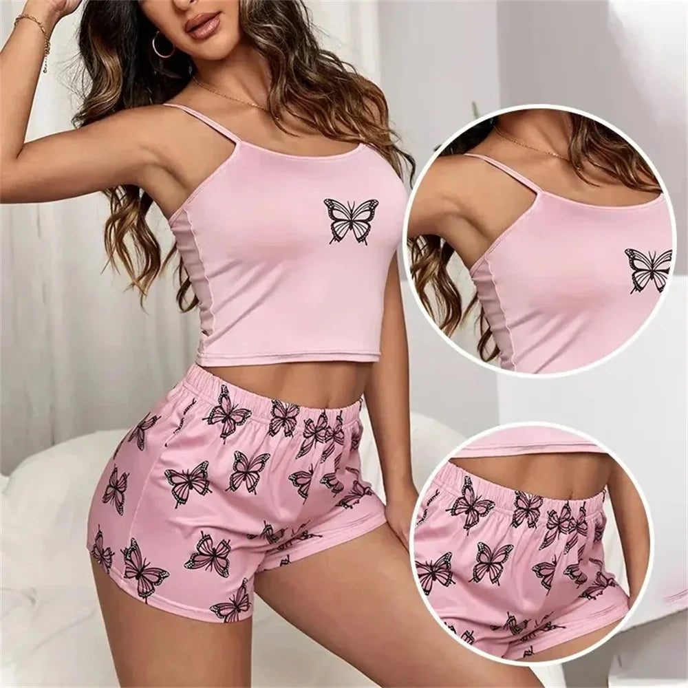 Women's 2-Piece Camouflage Pajama Set - Butterfly Print Tank Top and Casual Shorts