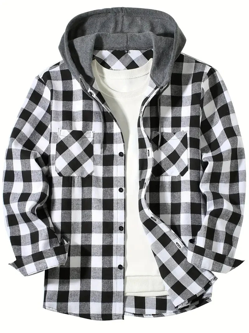 Youth Men’s Hooded Plaid Shirt - Slim Fit Long Sleeve Casual Travel & Streetwear Jacket