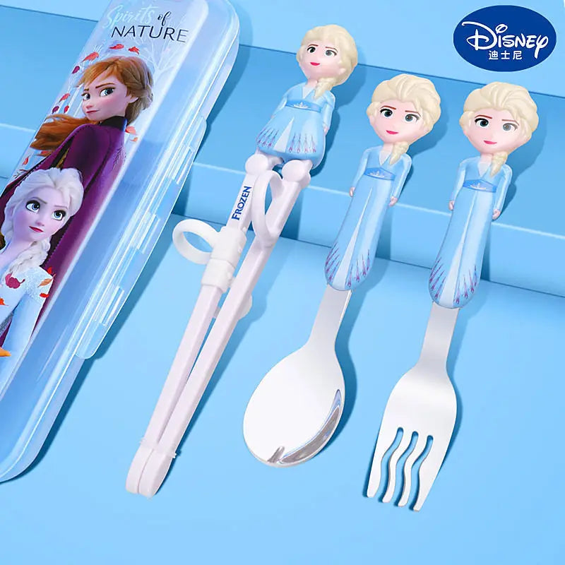 Disney Kids Tableware Set — Lightning McQueen, Mickey, Minnie, Stitch & Princess Elsa Training Chopsticks and Spoons