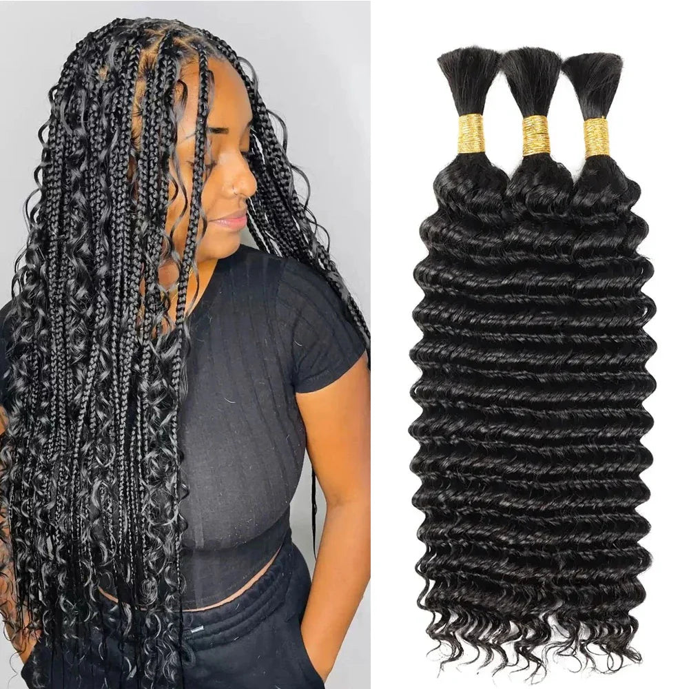 Bulk Braiding Hair - 100% Human Deep Wave Hair, Unprocessed No Weft, Boho Braids, Brazilian Remy Hair Extensions