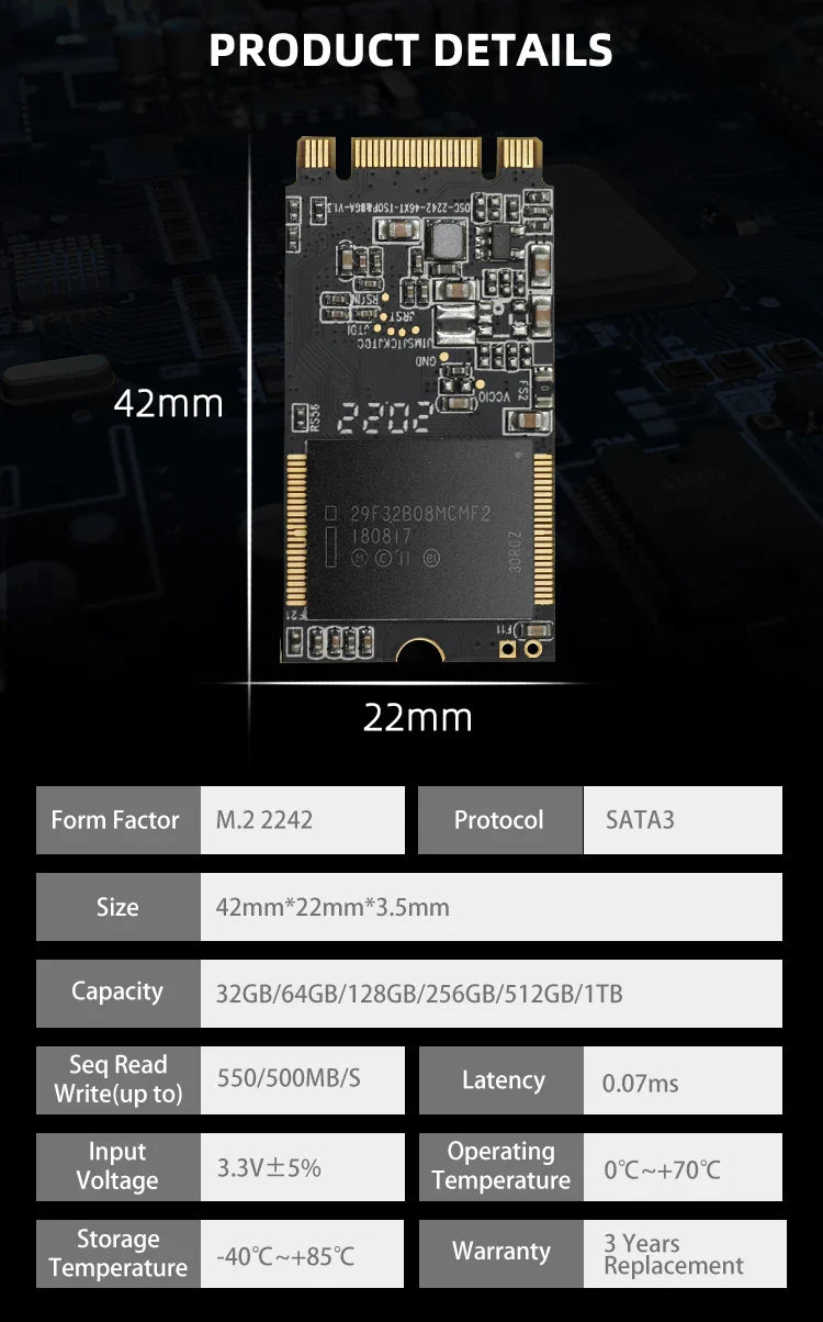 OSCOO M.2 SATA3.0 SSD — 2242mm NGFF 128GB-2TB Internal Solid State Drive with 3D TLC NAND Flash