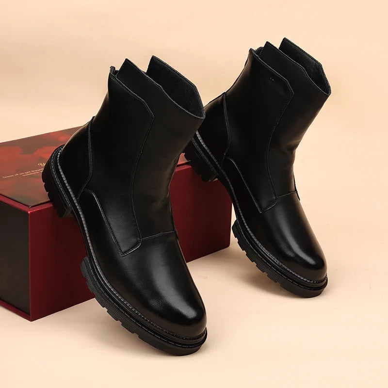 Men’s Genuine Leather Chelsea Boots - British Style Platform Cowboy Motorcycle Shoes