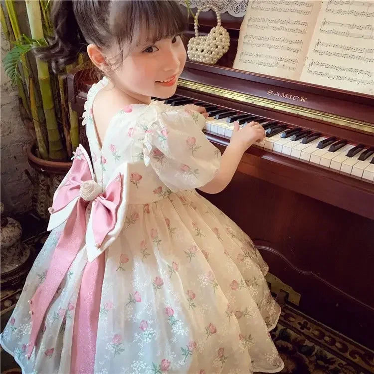 Girls Floral Rose Princess Dress - Lace Tiered Bow Back Pearl Accent Party Dress