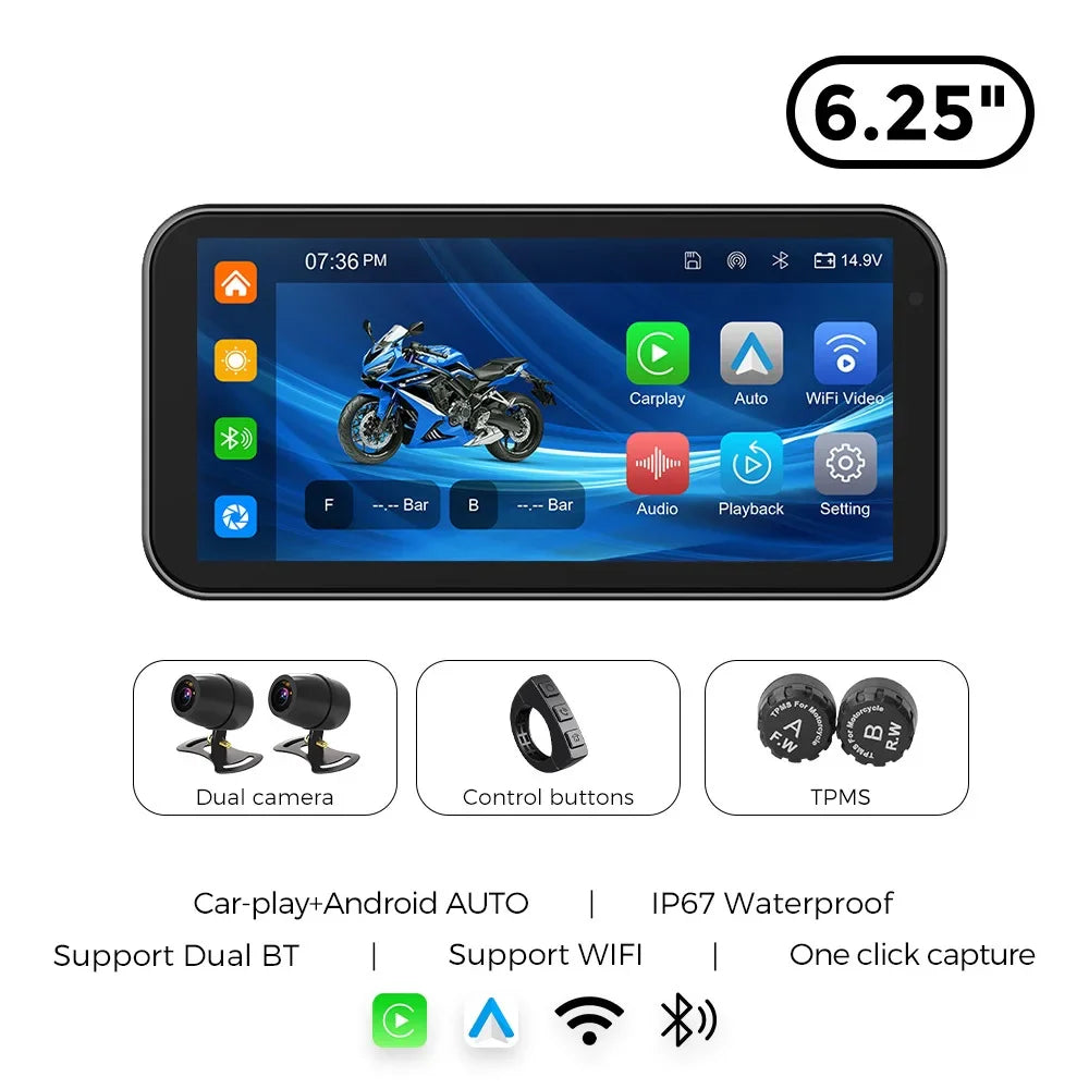Portable 6.25-Inch Motorcycle GPS Navigation with Wireless CarPlay & Android Auto – IP67 Waterproof, DVR Drive Recorder, WIFI Moto Monitor