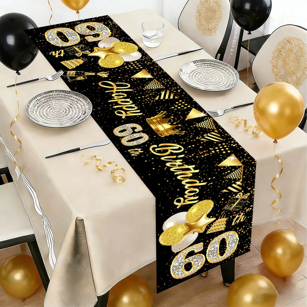Black & Gold Birthday Table Runner – Polyester Diamond Number Crown Table Cloth for Party Centerpiece Decoration
