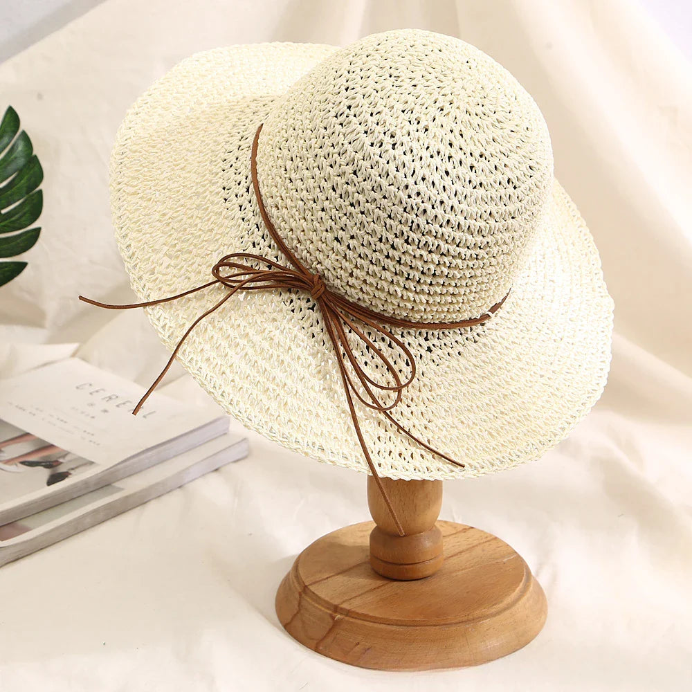 Women’s Holiday Beach Sun Hat – Large Brim Woven Straw Fisherman Hat with Bow, Seaside Sun Protection Panama Chapeau Korean Style