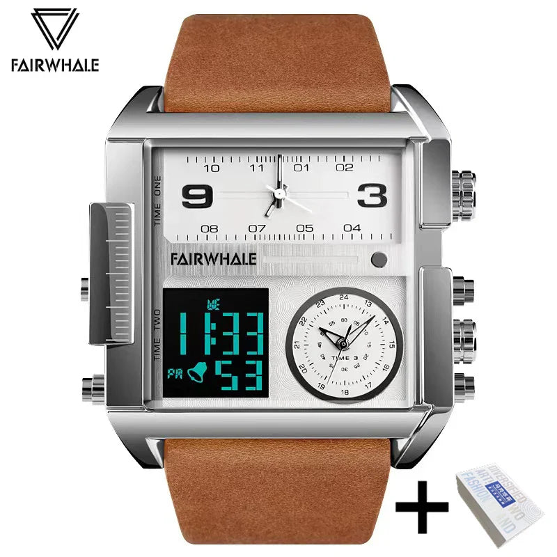 Mark Fairwhale Men’s Luxury Square Quartz Watch — Fashion Waterproof Military Leather Strap Wristwatch