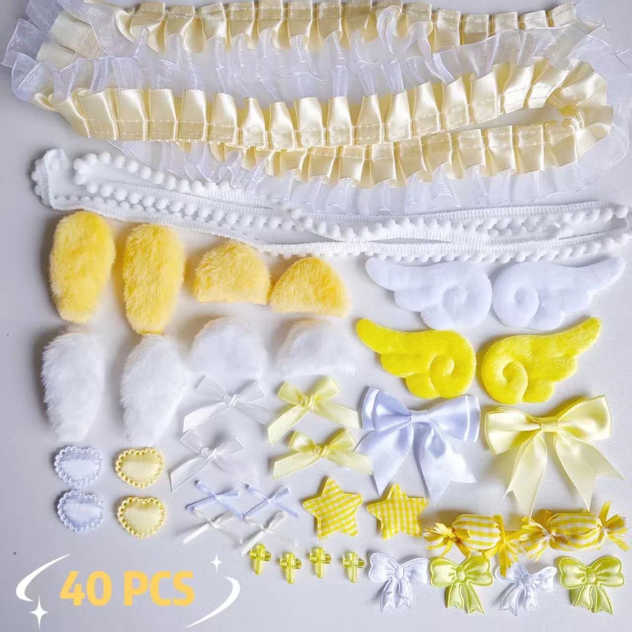 40Pcs Lace Handmade Craft Kit - Plush Bunny Ears Angel Wings Heart Star Clothing Accessories Set