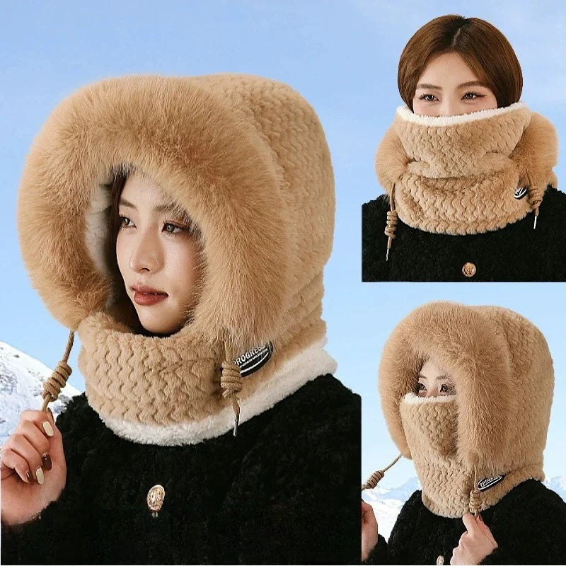 Women’s Winter Plush Hat with Hood & Scarf – Warm Thick Windproof Thermal Cap with Ear Protection for Outdoor Cycling & Riding