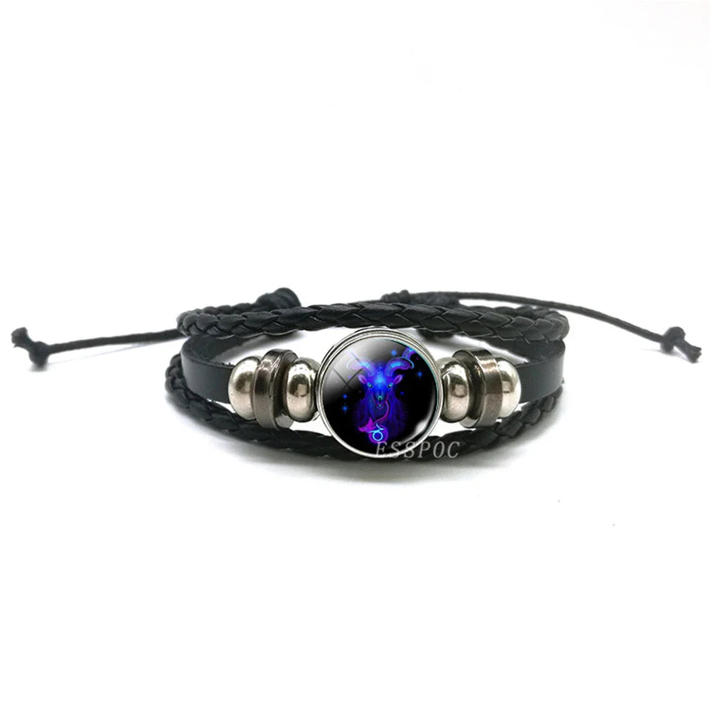 New Men's 12 Constellation Black Braided Leather Bracelet – Punk Style Zodiac Sign Multilayer Wrap Bracelet for Birthday Gifts