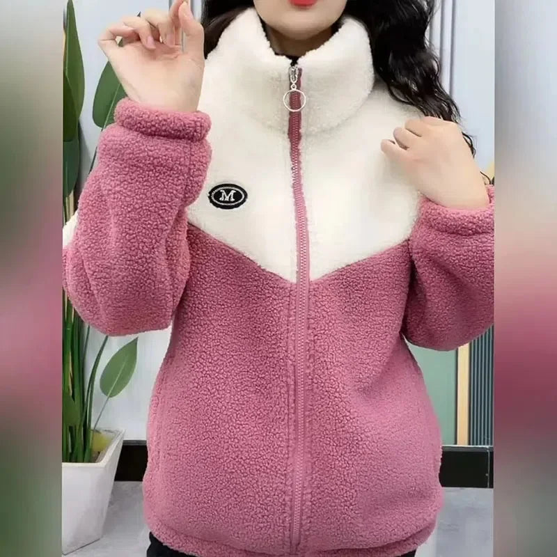 Women’s Colored Thickened Lamb Fleece Jacket — Long Sleeve Mid-Length Quilted Overcoat for Autumn & Winter