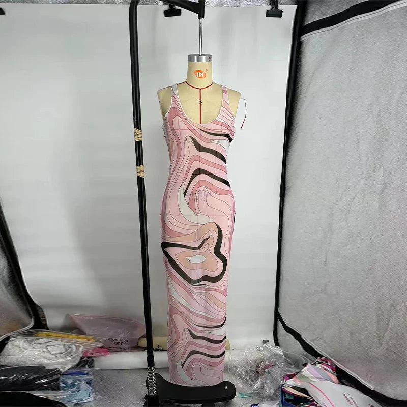 Women’s 2025 Summer Beach Dress – Long Spaghetti Strap O-Neck Dress with Print and Long Sleeves, Fashionable Summer Robe