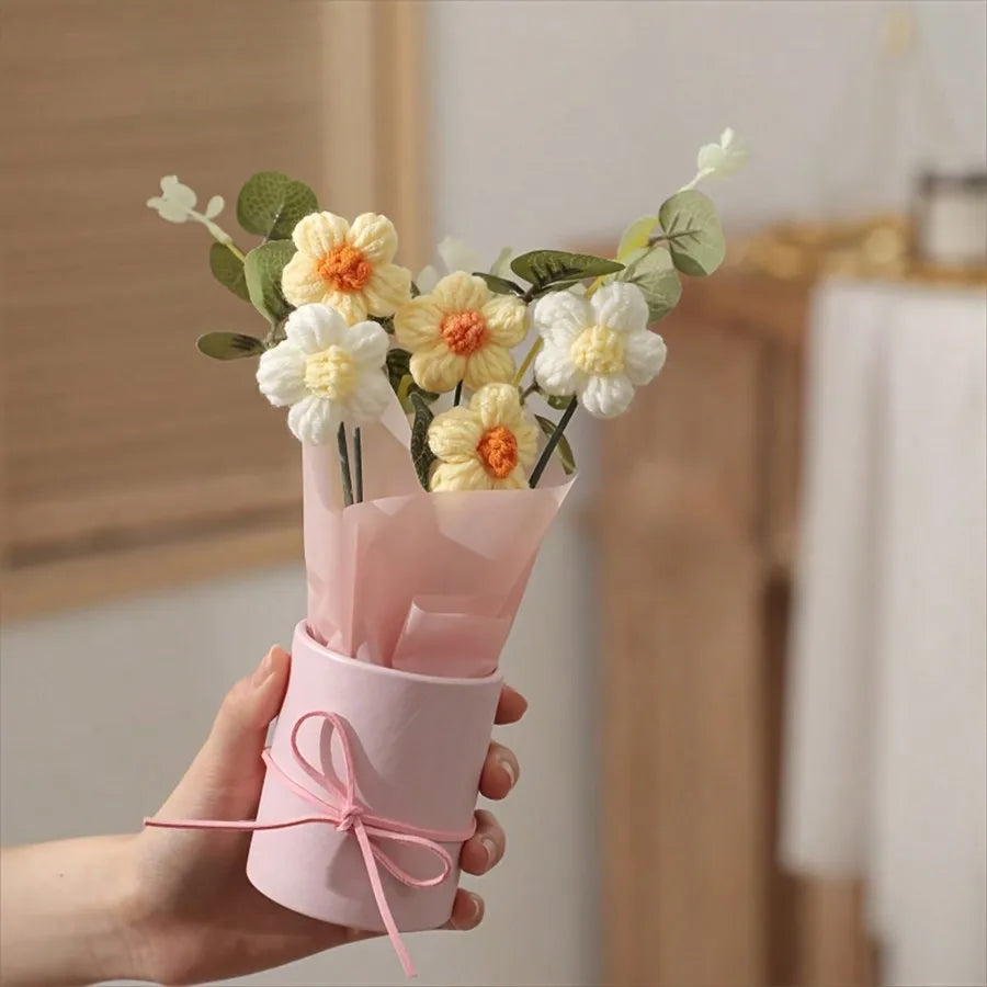 Handmade Crochet Wool Flower Bouquet – Artificial Yarn Flowers for Home Decor & Valentine’s Day Gift