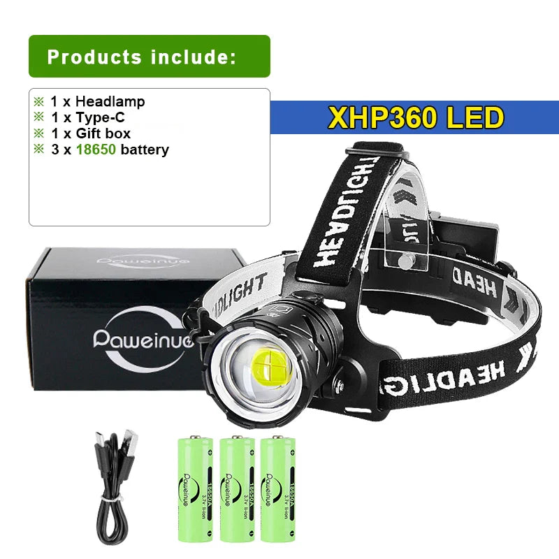 80,000LM Powerful XHP360 LED Headlamp – USB Rechargeable Ultra Bright Headlight Flashlight, Large Aperture Camping & Fishing Head Lantern Waterproof Outdoor Torch