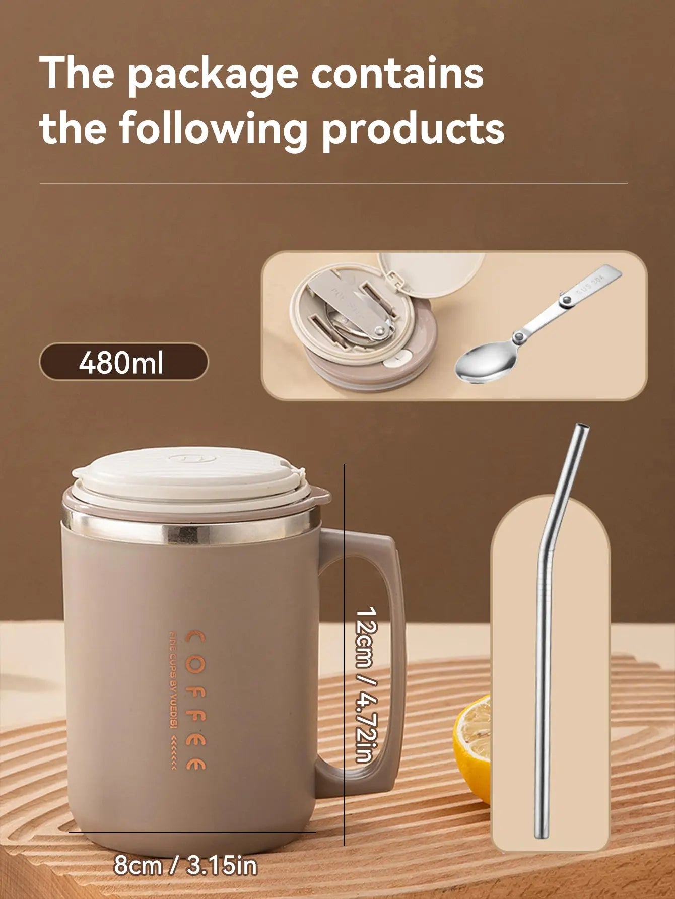 WORTHBUY Double-Layer Stainless Steel Coffee Cup – Insulated 304 Travel Mug with Spoon & Straw, Anti-Scald Milk & Water Cup