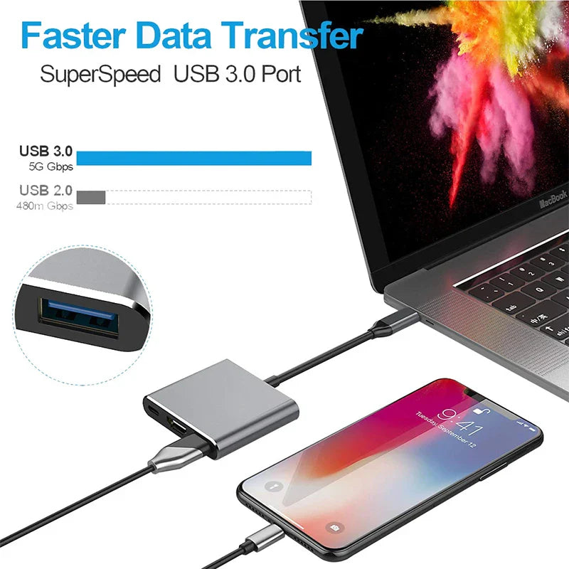 3 in 1 USB C Hub with HDMI-Compatible Splitter - Type-C to HDMI, USB 3.0 Docking Station for MacBook Air Converter