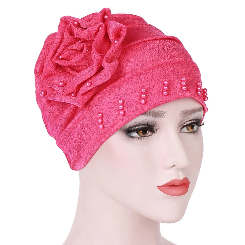 2024 Pearl Embellished Muslim Turban Beanie for Women – Elastic Hijab Headwrap with Flower Chemo Cap