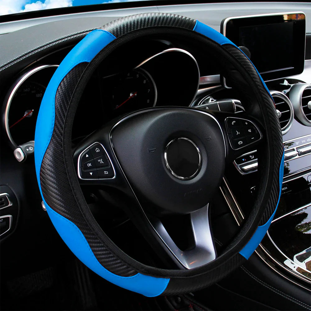 PU Carbon Fiber Leather Steering Wheel Cover — No Inner Ring, Fits 14.5-15 Inch Cars