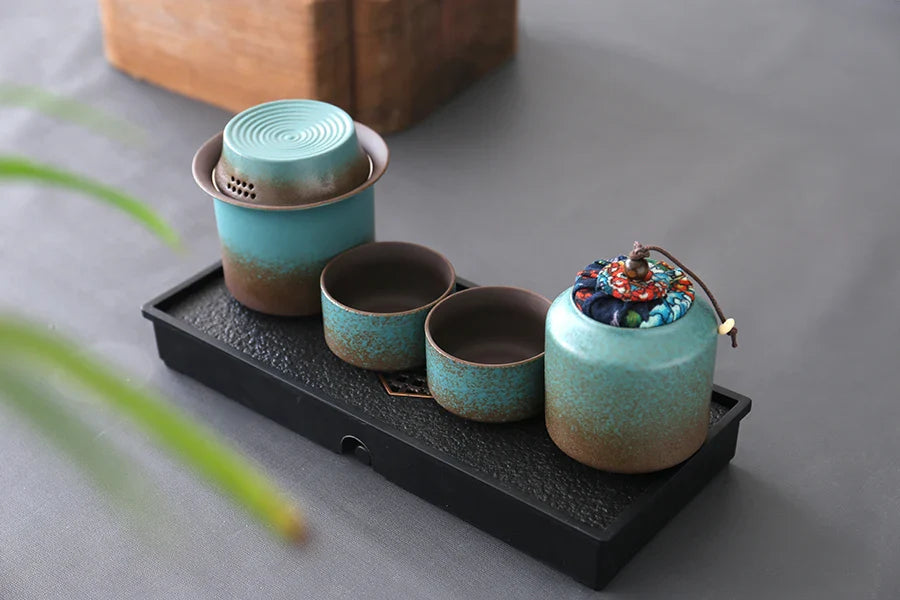 Kiln-Change Vintage Spring Green Pottery Tea Set – 1 Pot & 4 Cups, Simple Small Set for Outdoor or Tea Room