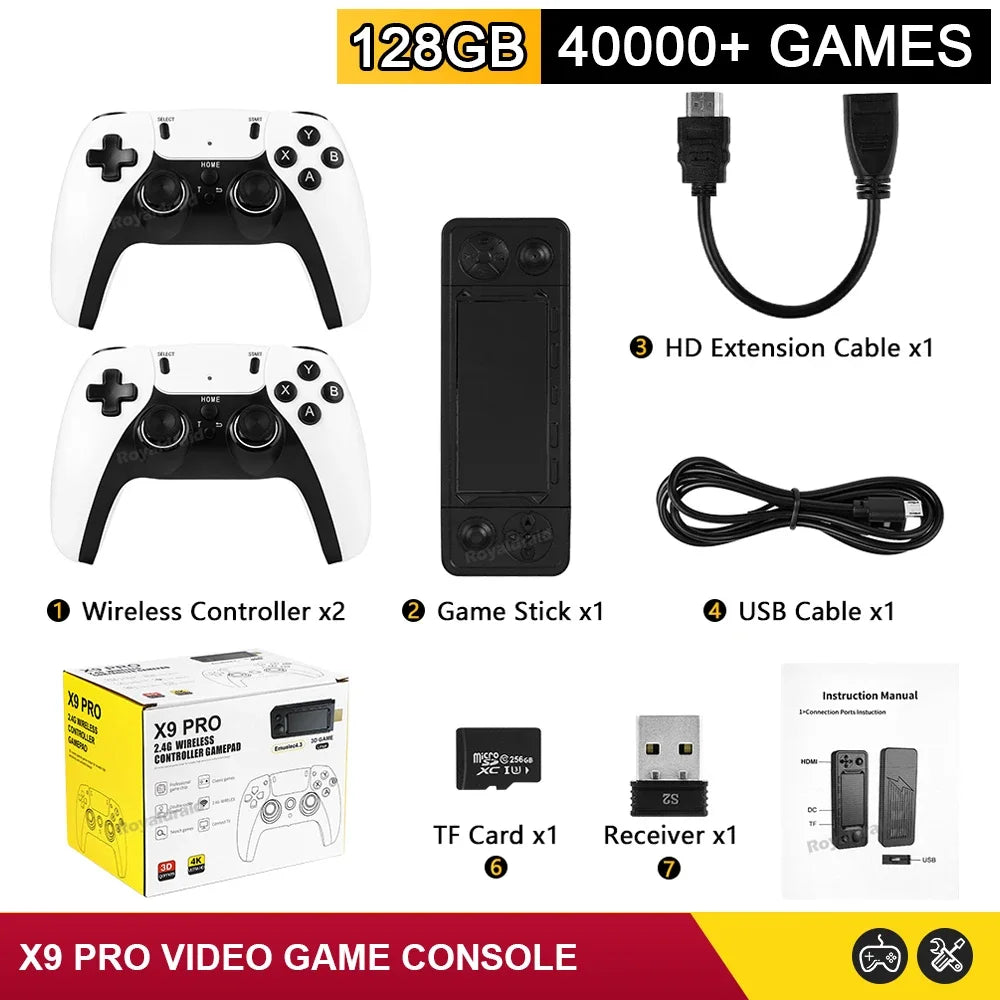 NEW 128GB X9 PRO Retro Game Console — TV Video Game Stick with 45+ Emulators for PS1, PSP, NDS, N64 & 40,000+ Games, 2.4G Dual Controllers