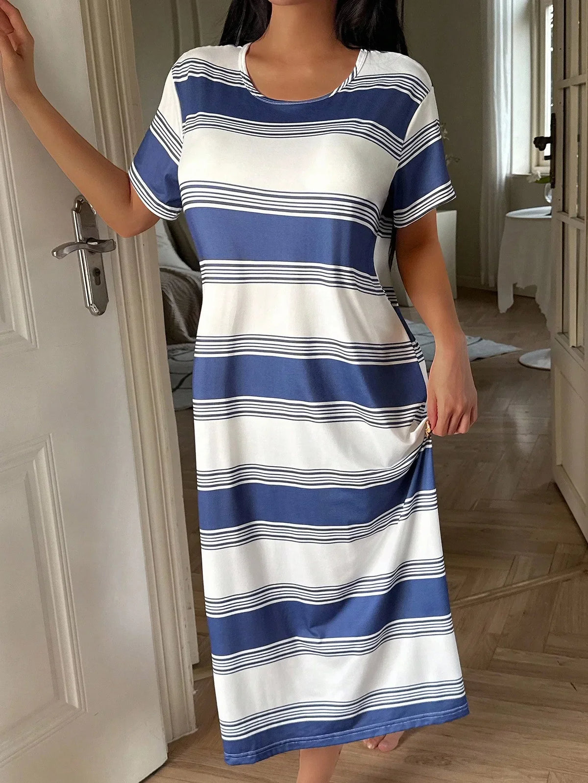 Women’s Blue & White Striped Midi Nightgown – Loose Casual Lounge T-Shirt Style Sleepwear Dress