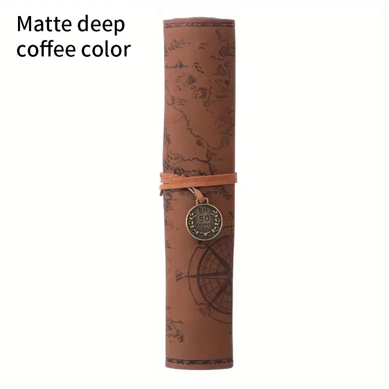 Creative Retro Leather Pencil Case – Large Capacity Roll-Up Bag with Embossed Treasure Map & Buckle Closure