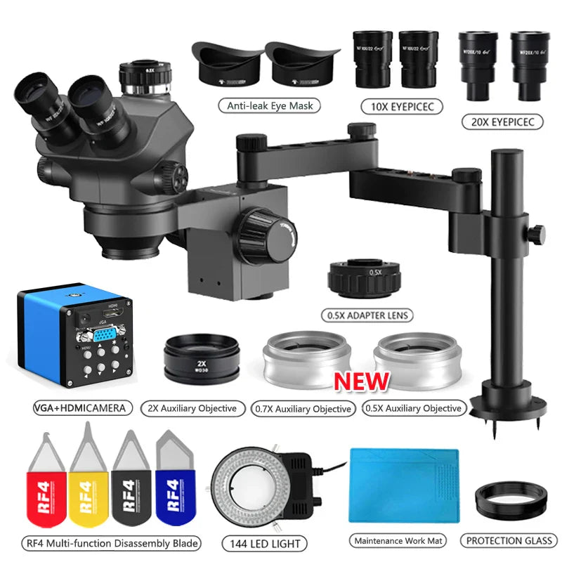 3.5-200X Simul-Focal Stereo Trinocular Microscope Set – 4K/2K/1080P HDMI VGA USB Camera, Clamp & Folding Extension Base
