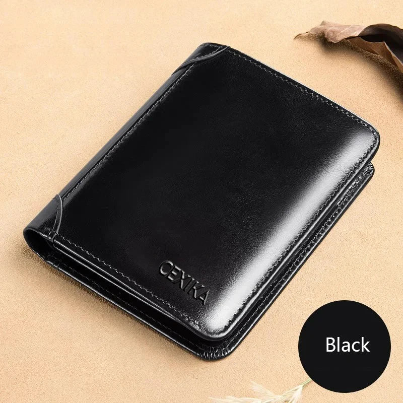 Men’s Genuine Leather RFID Blocking Trifold Wallet – Short Business Wallet with ID Window & Credit Card Holder Slim Men’s Purse