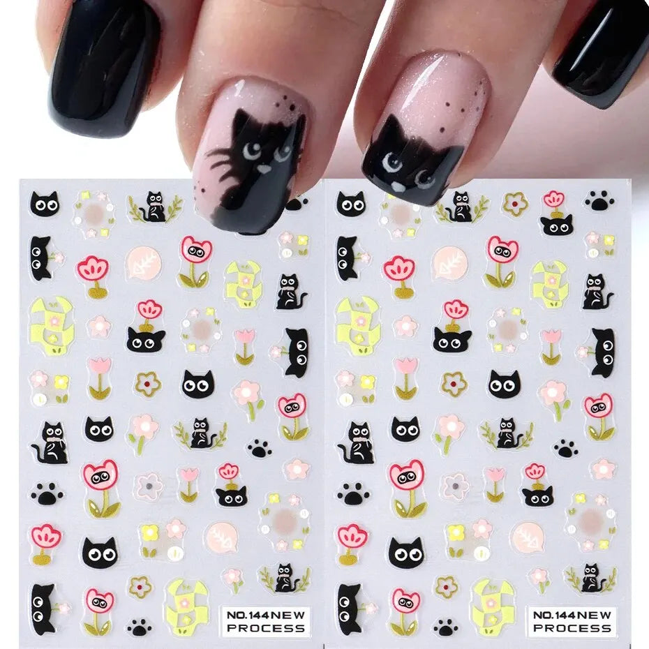 2PCS 3D Black Cat Nail Stickers - Cute Cartoon Self-Adhesive Nail Art Decals for Manicure