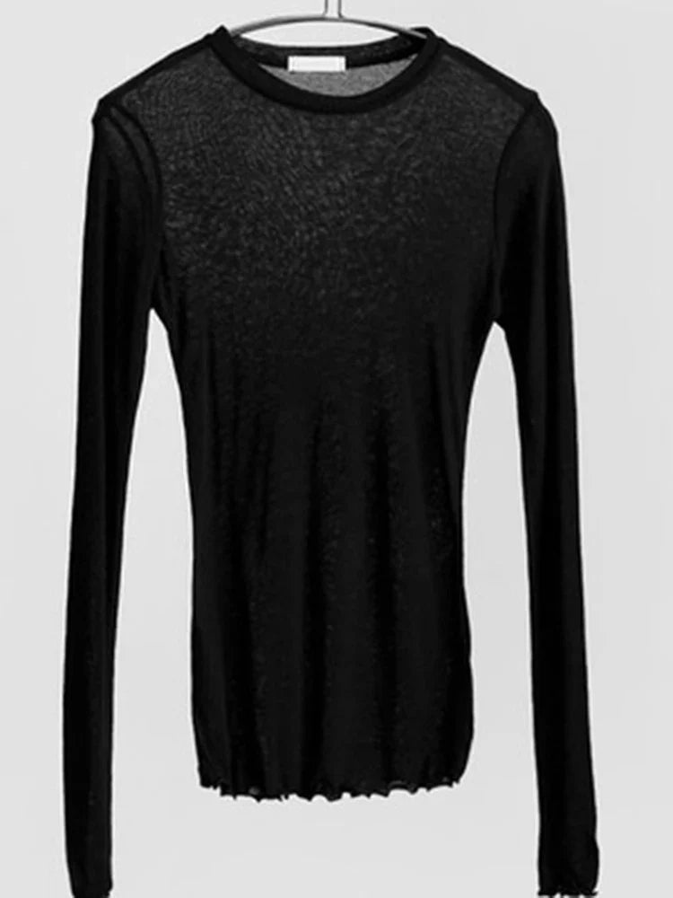 Women’s Long Sleeve Sheer Basic T-Shirt – Elastic Slim Fit Casual Thin Sexy Top Solid Color Everyday Wear