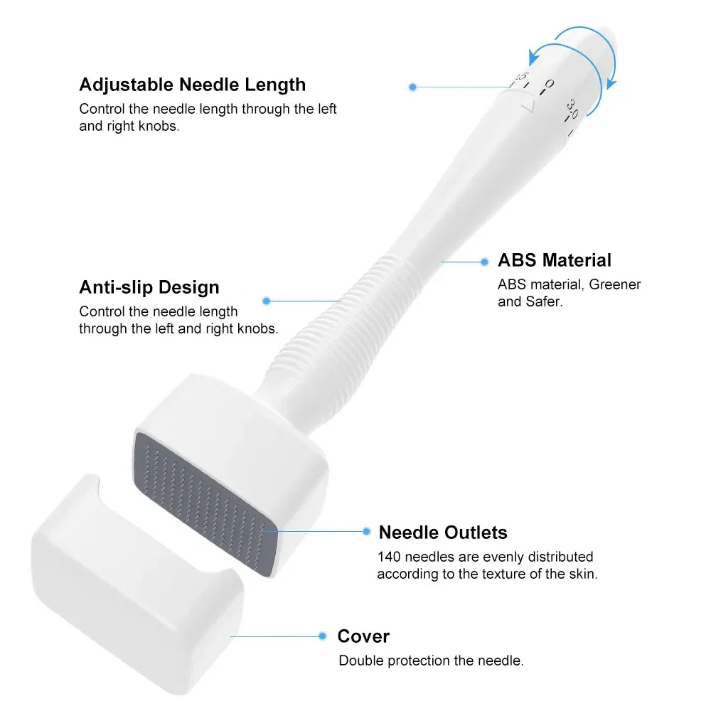 140A Derma Stamp Microneedling Face Roller Massager - Adjustable Titanium Needle Length for Skincare, Beard Growth, and Scalp Hair - Enhance Your Routine