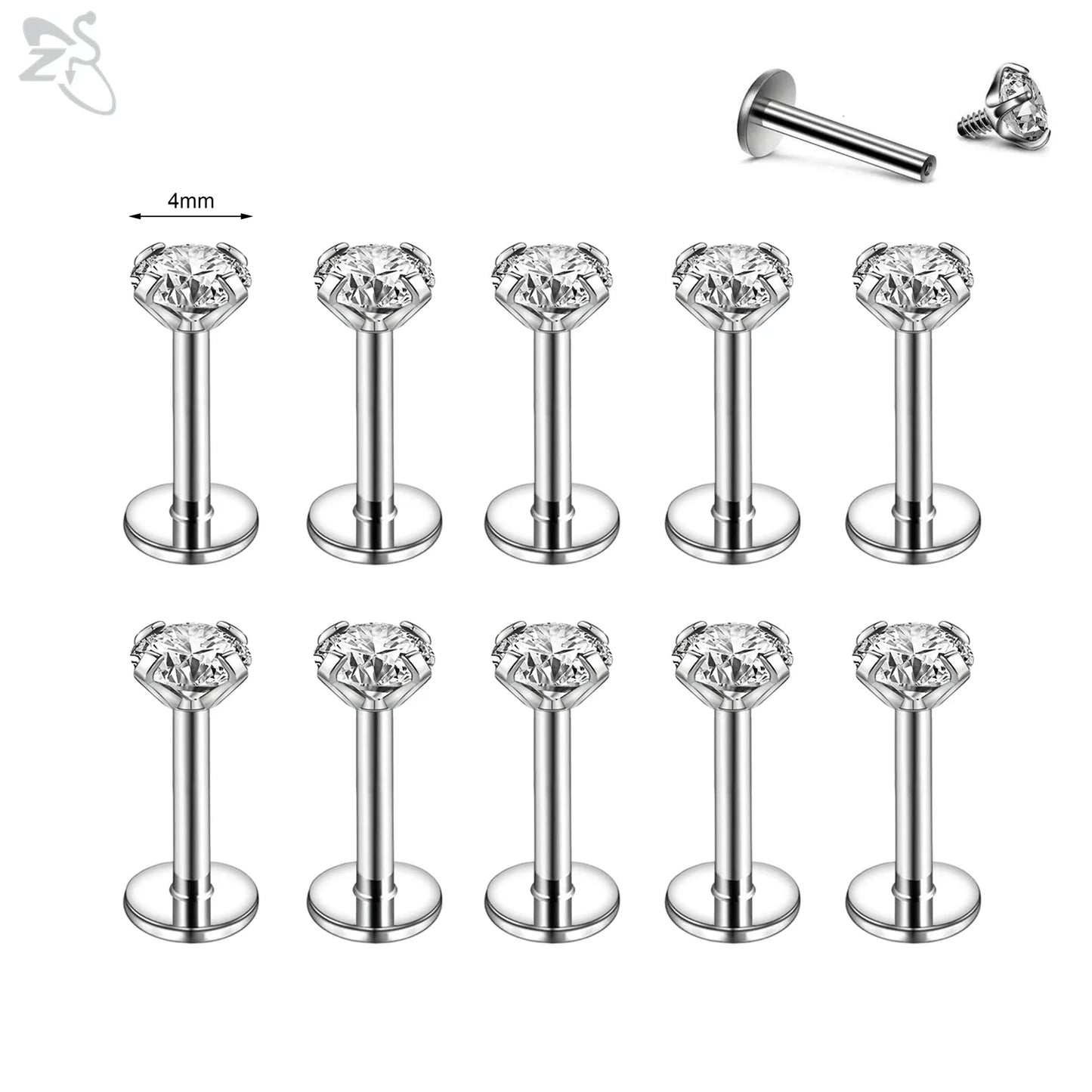 AOEDEJ 10PCS Gold Stainless Steel Labret Lip Studs – 16/18G CZ Crystal Helix, Cartilage & Tragus Piercings (2–6mm)
