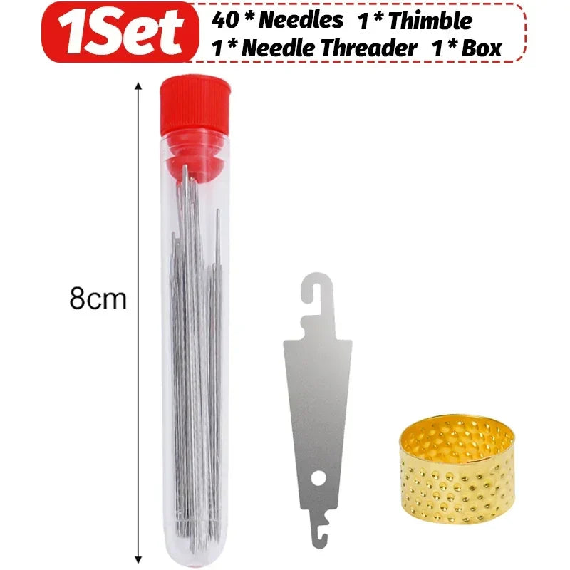 Stainless Steel Sewing Needle Set with Threader – Embroidery & DIY Household Sewing Tools for Apparel, Craft & Repair Use